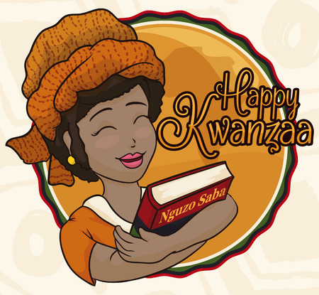 Poster with beauty smiling dark skinned lady celebrating Kwanzaa holding a book with the Seven Principles of African Heritage (or Nguzo Saba).のイラスト素材