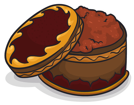 Poster with ancient chest with myrrh, like offering of Balthazar in Epiphany celebration (or Dia de Reyes, in Spanish), isolated over white background.のイラスト素材