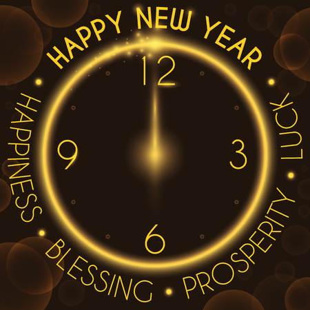 Poster with glowing circle like a clock with greeting message and good wishes for New Year: happiness, blessing, prosperity and luck.のイラスト素材