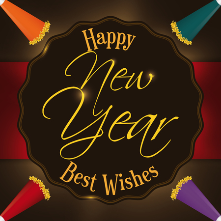 Fancy label with festive party horns to celebrate the New Year with best wishes and good fortune.のイラスト素材