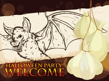 Poster with realistic hand drawn bat in a scroll, decorated with garlic wreath and bokeh effect in the dark background.のイラスト素材