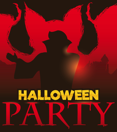 Poster with vampire transformation in human character in a red design and bloody text to promote a Halloween party.のイラスト素材