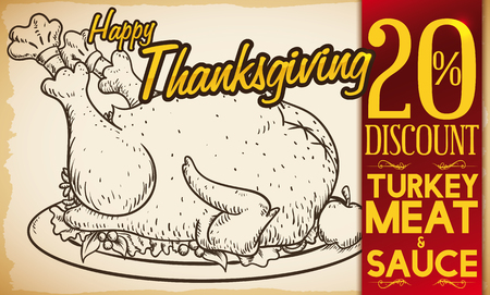Promotional banner of special discounts in delicious turkey meat and sauces for Thanksgiving dinner.のイラスト素材