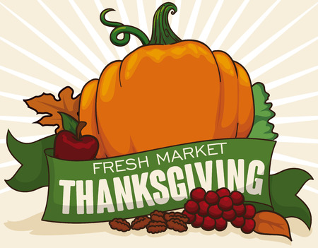 Poster with delicious fresh seasonal leaves, vegetables and fruits that can be found in markets to prepare Thanksgiving dinner.のイラスト素材