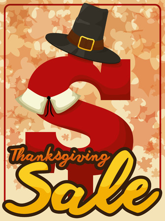 Promotional poster with money symbol with pilgrim hat and colonial collar ready for special sales in Thanksgiving season, over a shower of autumnal maple leaves.のイラスト素材