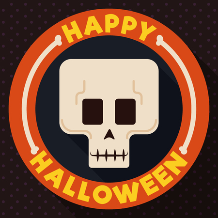 Tender skull in a rounded label with bones, celebrating Halloween in flat style and long shadow design.のイラスト素材