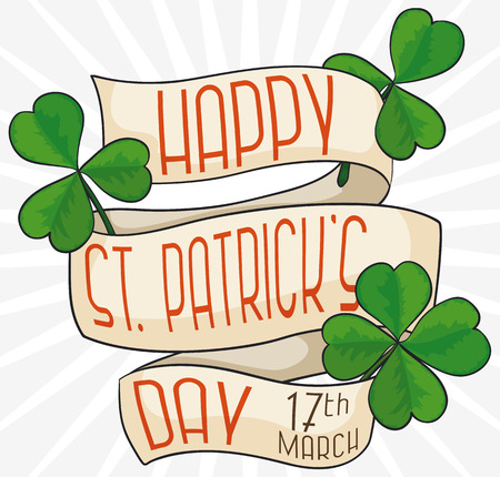 Poster with long greeting ribbon and some lucky clovers around it for St. Patrick's Day celebration in March 17.のイラスト素材