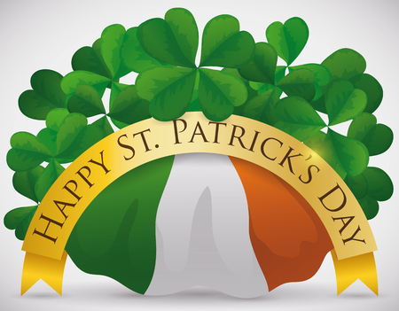Festive poster with greeting ribbon, clovers and Ireland flag for St. Patrick's Day celebration.のイラスト素材