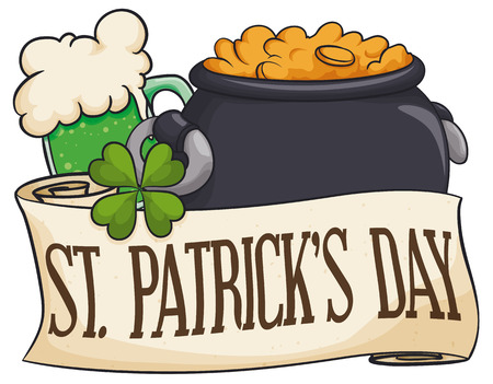 Poster with frothy green beer, lucky clover and pot full of gold behind a greeting scroll for St. Patrick's Day celebration.のイラスト素材