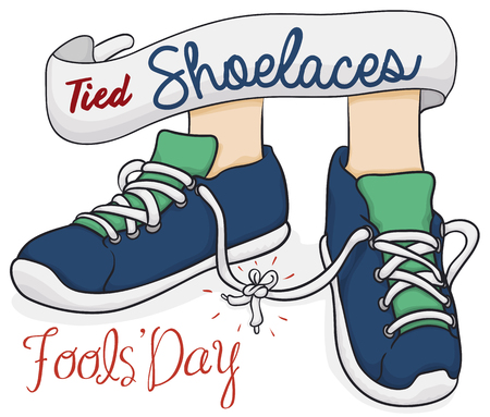 Cartoon poster with traditional prank for Fools' Day: tied shoelaces.のイラスト素材