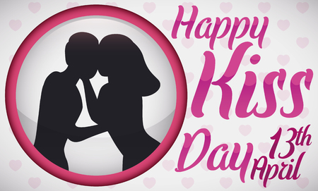 Banner with round button with a silhouette of a couple celebrating Kiss Day in April 13.のイラスト素材