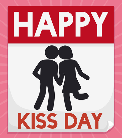 Loose-leaf calendar with a romantic couple in pictogram style to commemorate Kiss Day celebration.のイラスト素材