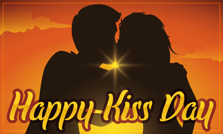 Banner with a romantic sunset view and a lovely couple silhouette celebrating Kiss Day.のイラスト素材