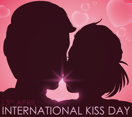 Postcard with cute couple silhouette in love kissing each other and celebrating International Kiss Day in April 13.のイラスト素材