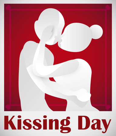 Postcard with a romantic couple of dolls in a red frame celebrating Kissing Day.のイラスト素材