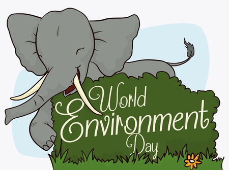 Smiling elephant celebrating World Environment Day, commemorating the protection to wildlife with a bush like a sign and greeting message.のイラスト素材