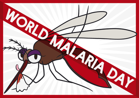 Mosquito Full of Blood with Forbidden Sign in Malaria Day, Vector Illustrationのイラスト素材