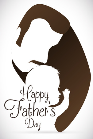 Proud dad kissing his newborn baby in commemorative sign for Father's Day in silhouette poster.のイラスト素材