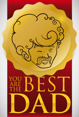 Poster with golden badge given to the best dad with a red ribbon in Father's Day celebration.のイラスト素材
