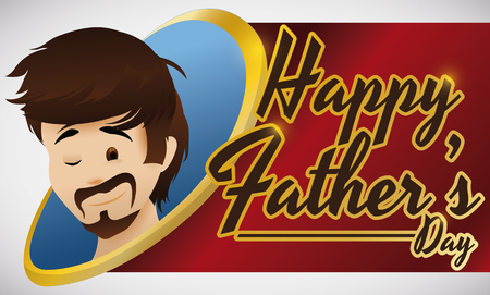 Banner with young bearded dad winking at you over golden frame, celebrating Father's Day.のイラスト素材
