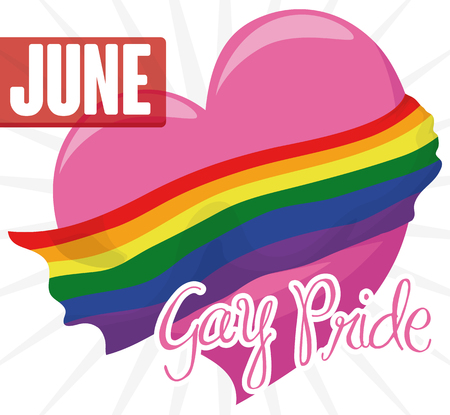 Poster with floating pink heart and rainbow flag around it to celebrate Gay Pride in June.のイラスト素材