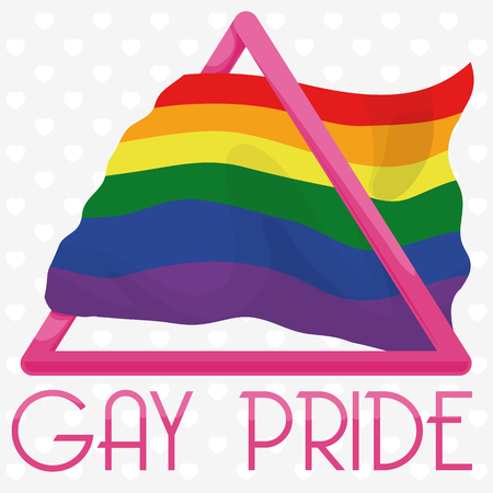 Poster with LGBT symbols: pink triangle and rainbow flag for Gay Pride over heart pattern.のイラスト素材