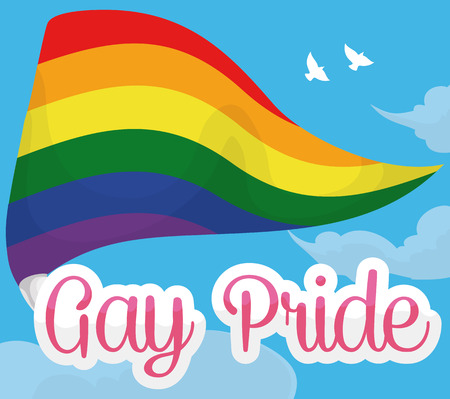 Poster with sky view, rainbow pennant and some birds flying in the sky, symbolizing the gender freedom in Gay Pride event.のイラスト素材
