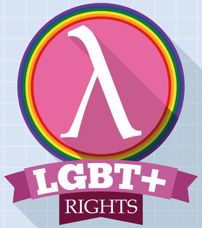 Flat design with pink round button and lambda symbol inside of it decorated with a rainbow ribbon for LGBT rights and Gay Pride event.のイラスト素材
