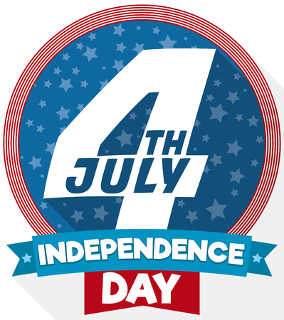 Starry round button decorated with a ribbon in flat style and long shadow effect to celebrate American Independence Day.のイラスト素材