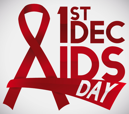 Poster with ribbons like letter A with glossy text and greeting sign for World AIDS Day over a white background.のイラスト素材