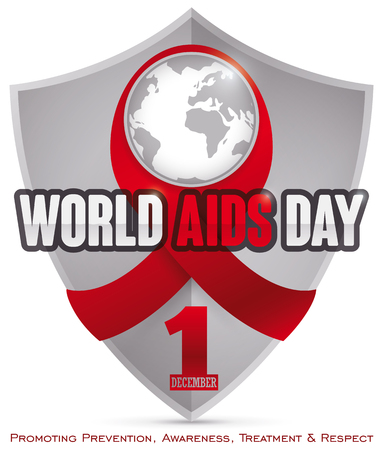 Poster with shield and red ribbon with a world map, symbolizing the worldwide campaign promoting prevention, awareness and other values in World AIDS Day.のイラスト素材