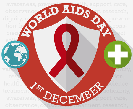 Poster in flat style and long shadow effect with round buttons with shield, globe and cross to commemorate World AIDS Day in December 1.のイラスト素材