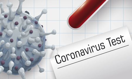 Banner promoting medical test of Coronavirus infection: virus representation, blood vial and paper with test result all this elements over grid pattern.のイラスト素材