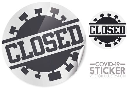 Round sticker and sample of it, with squared representation of coronavirus and "Closed" message, depicting the closing of establishments during the COVID-19 pandemic.のイラスト素材