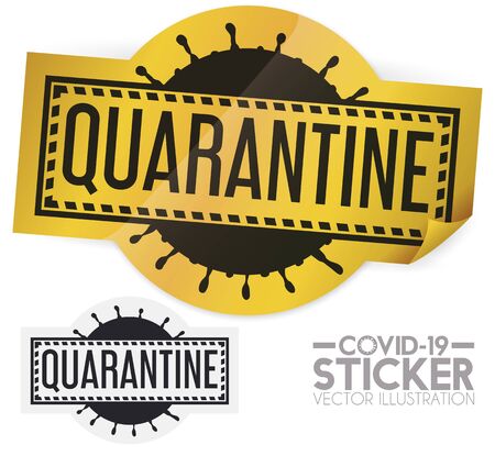 Yellow sticker and sample design with coronavirus silhouette announcing isolated area like quarantine measures due COVID-19 disease.のイラスト素材