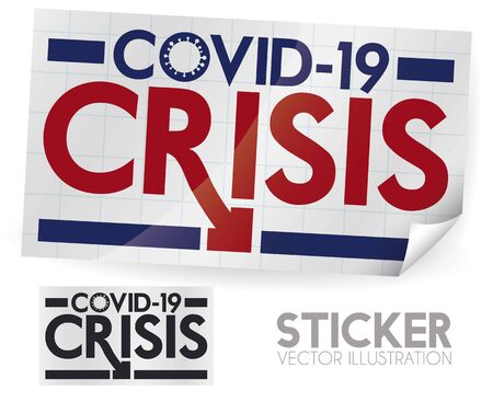 Sticker with grid pattern, coronavirus silhouette and arrow down announcing COVID-19 financial crisis due this virus outbreak.のイラスト素材