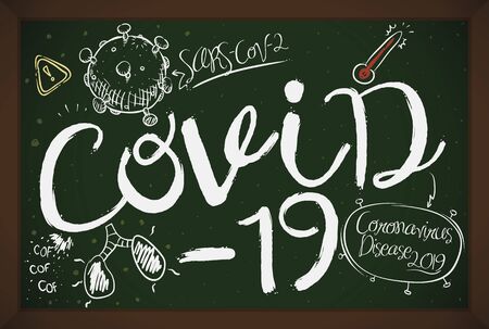 Chalkboard with doodles of coronavirus SARS-CoV-2 representation, depicting the principal afflicted symptoms due COVID-19: cough, sick lungs due respiratory infection and fever with thermometer.のイラスト素材