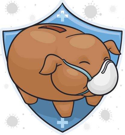 Cute piggy bank of clay inside a protective shield and wearing a half mask, promoting protection and support health investment to fight against COVID-19 disease.のイラスト素材