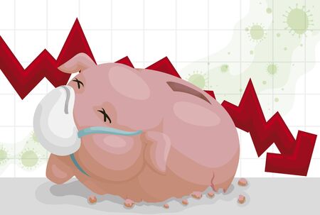 Broken piggy bank with down arrow over chart depicting the economic crisis and the rise of the COVID-19 consequences.のイラスト素材