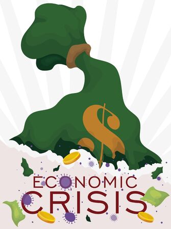 Pierced and ragged money bag over decreasing statistics graph, spilling coins, banknotes and coronavirus like a symbol of the economic crisis due COVID-19.のイラスト素材