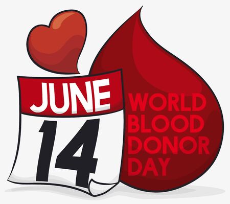 Poster with loose-leaf calendar, giant blood drop and floating heart to commemorate World Blood Donor Day.のイラスト素材
