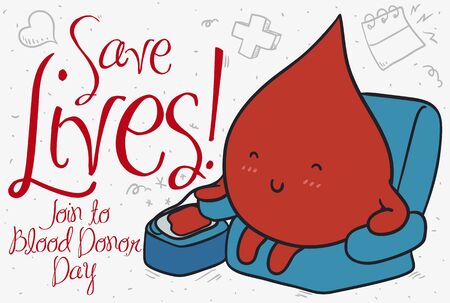 Banner with cute blood drop in a couch donating blood with doodles in the background promoting to save lives and join to the Blood Donor Day events.のイラスト素材