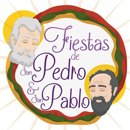 Promotional poster for Feast of Saints Peter and Paul (written in Spanish) in Colombia with the faces of them and Neiva's colors flag around it.のイラスト素材