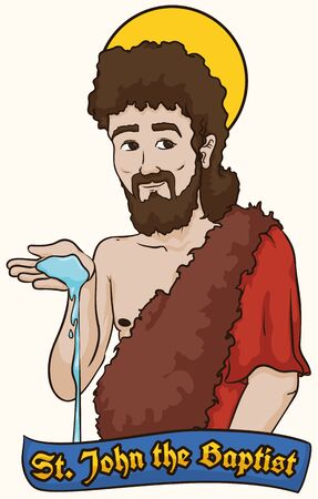 Poster with Saint John the Baptist wearing camel clothes with water in his hands symbolizing the baptismal tradition.のイラスト素材