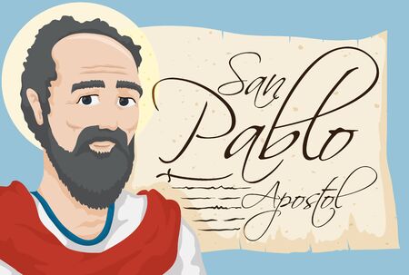 Banner with Saint Paul the Apostle (written in Spanish) image and an ancient scroll with scriptures and stylized sword.のイラスト素材