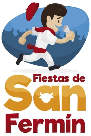Runner with traditional clothes, holding a newspaper and running from the bulls to the bullring, during the traditional Fiestas de San Fermin (written in Spanish).のイラスト素材