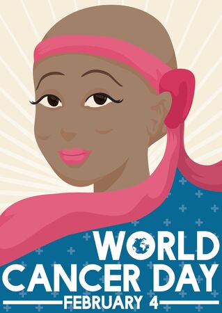 Poster with beautiful brunette woman in chemotherapy who is fighting against the cancer commemorating World Cancer Day in February 4.のイラスト素材