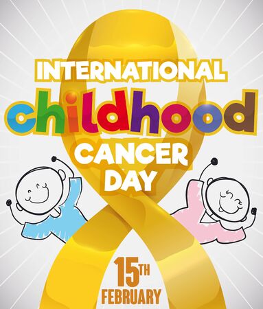 Poster with a couple of cute children in doodle style behind a golden lace remembering at you the importance in prevention and fight in the International Childhood Cancer Day in February 15.のイラスト素材