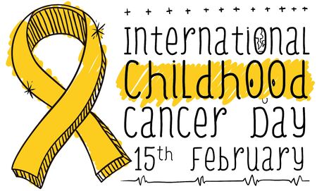 Commemorative banner with ribbon in doodle style, colored with yellow-golden markers and handwritten sign for International Childhood Cancer Day on February 15.のイラスト素材