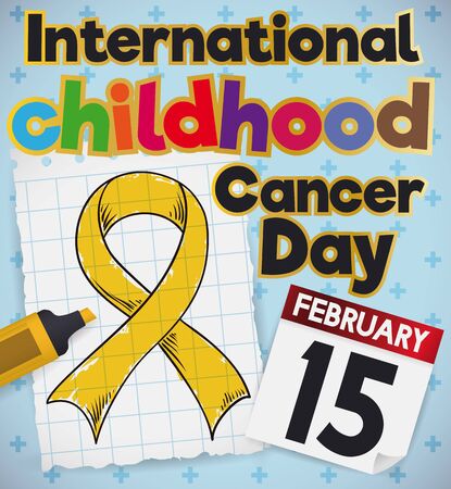 Poster with a cute childish doodle drawing of a ribbon in a notebook paper colored with a maker and a reminder date of International Childhood Cancer Day celebration.のイラスト素材
